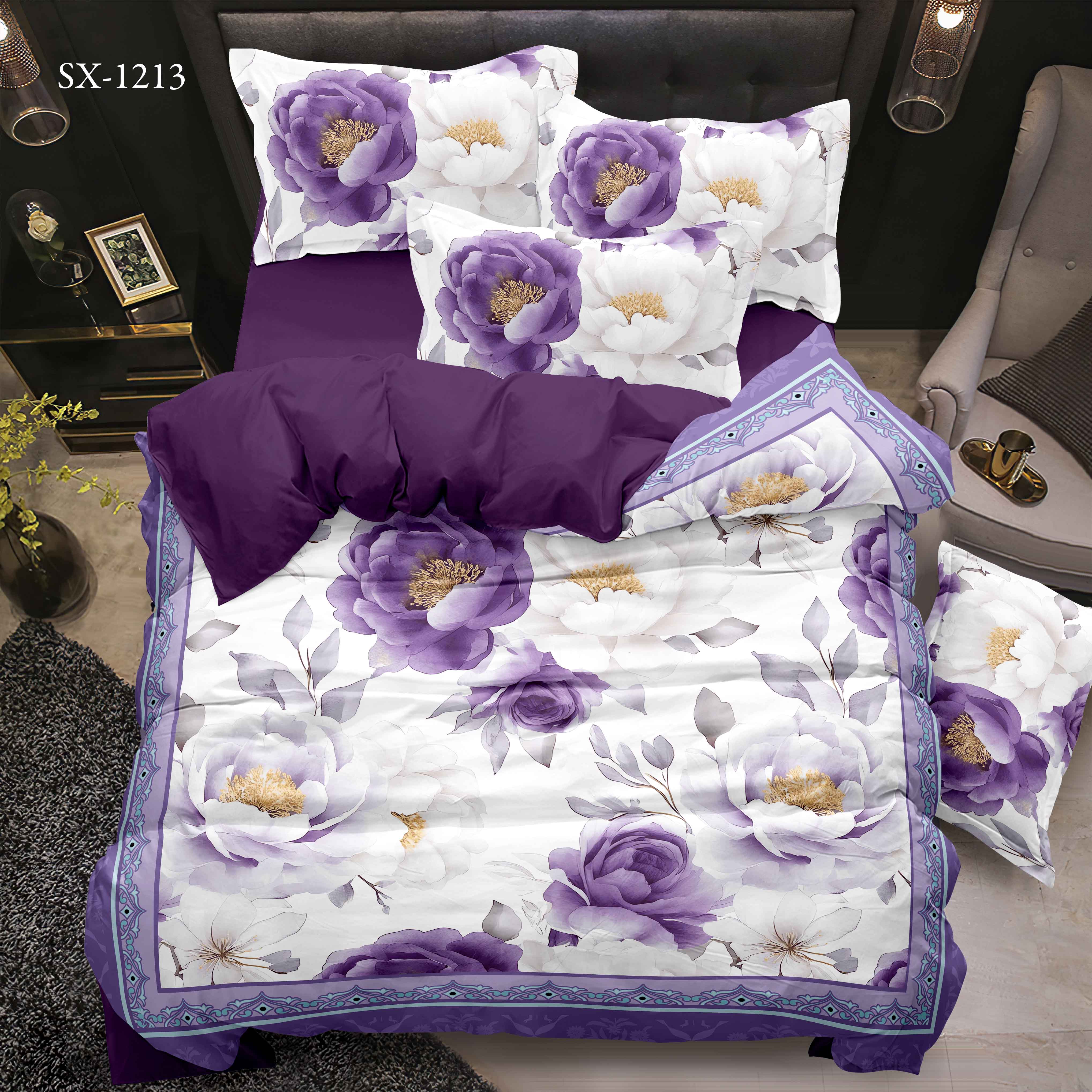 Set de paturi tipărite digitale 5D set floral cu bujor violet și design decorativ de frontieră