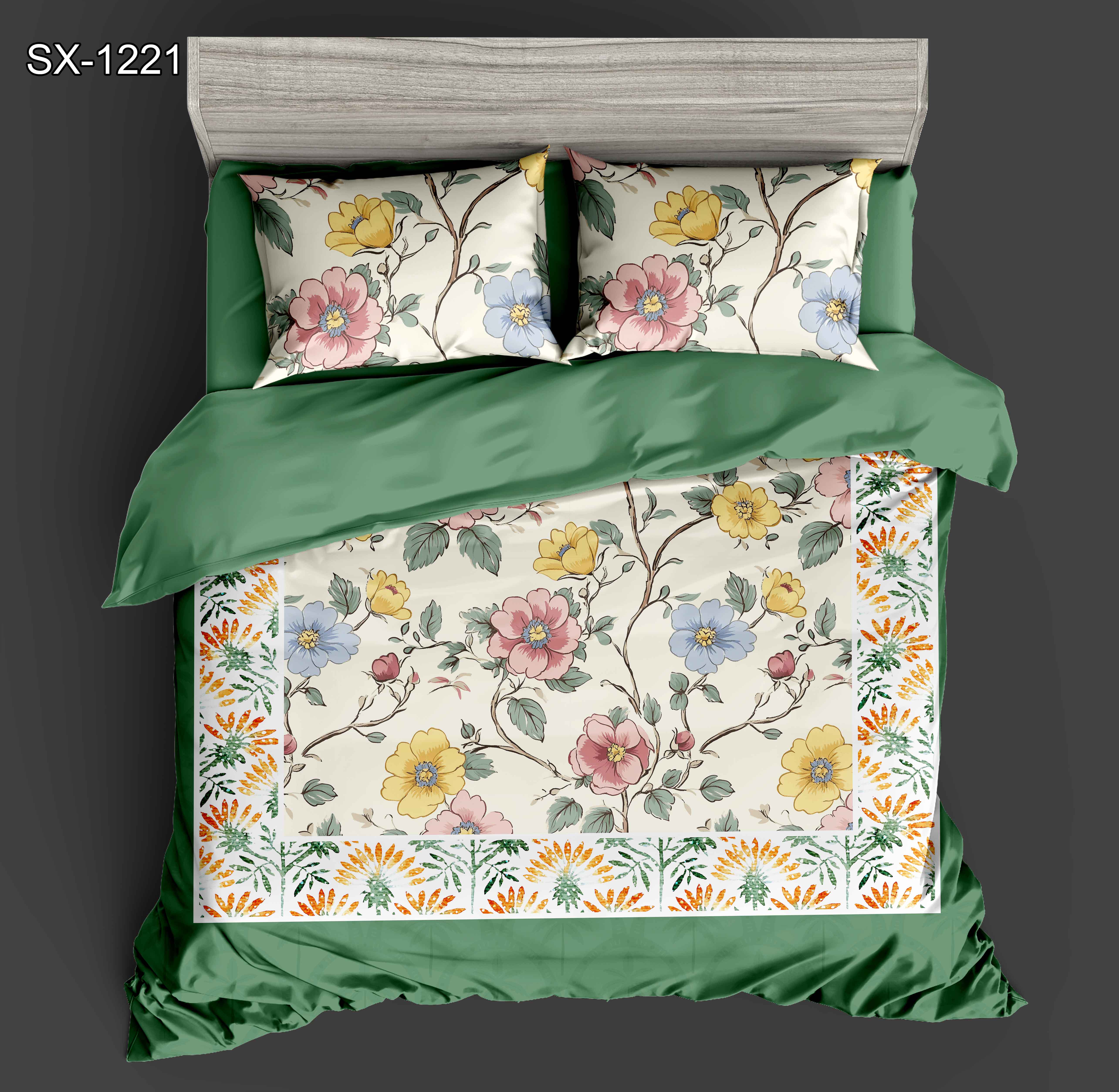 Foaie de pat tipărită digitală 5D set floral cu floare multicolor și design de frontieră botanică