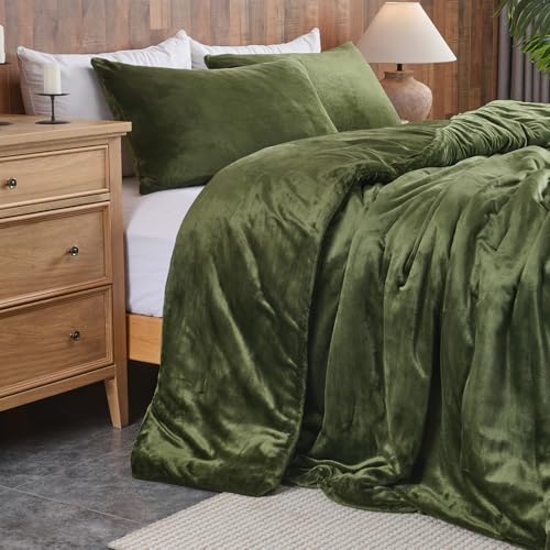 Set de lenjerie de pat din catifea verde pădure – Set de pat matlasat ultra moale din 3 piese