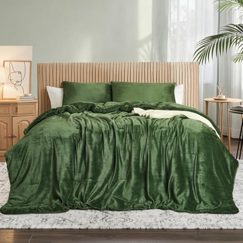 Set de lenjerie de pat din catifea verde pădure – Set de pat matlasat ultra moale din 3 piese