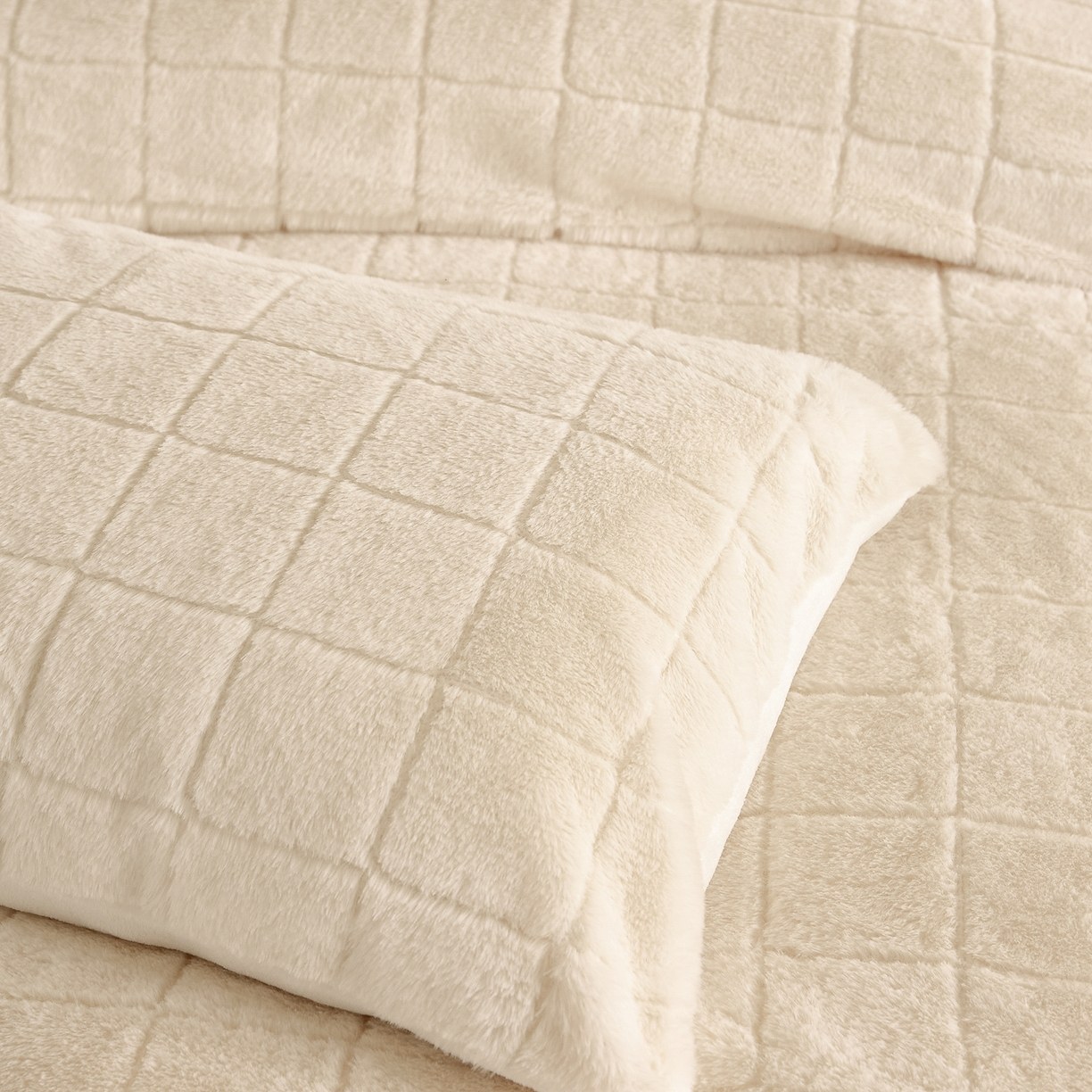 Set de lenjerie cu blană artificială de iepure în carouri și catifea de lapte – Set de pat din 3 piese din jacquard moale