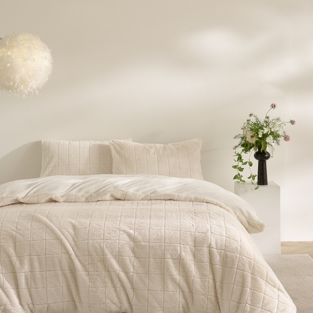Set de lenjerie cu blană artificială de iepure în carouri și catifea de lapte – Set de pat din 3 piese din jacquard moale