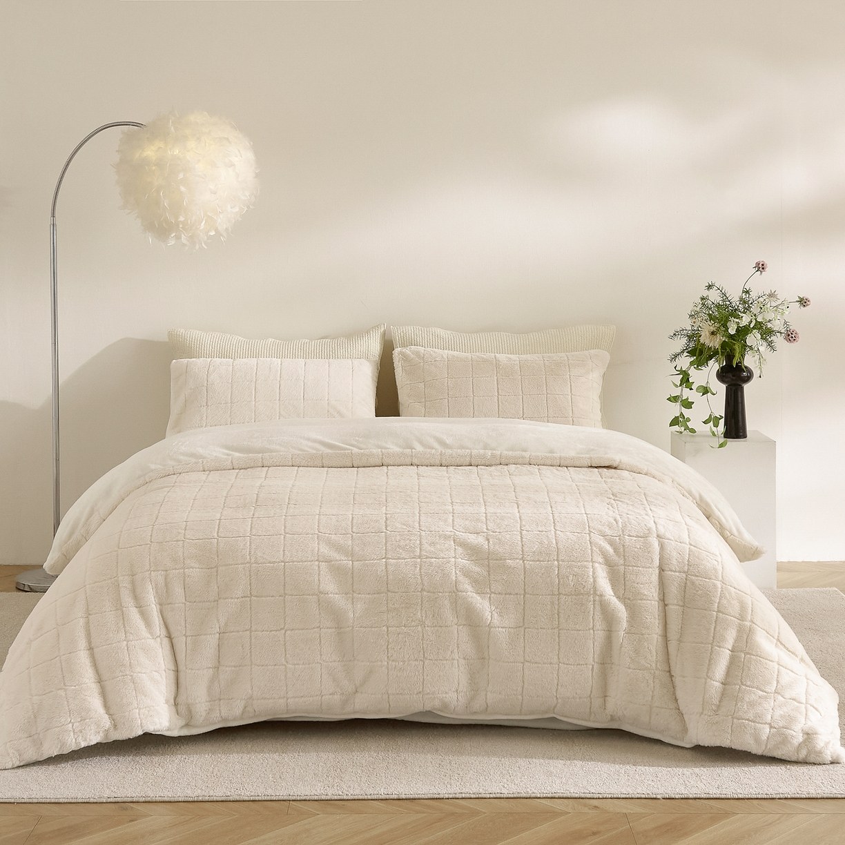 Set de lenjerie cu blană artificială de iepure în carouri și catifea de lapte – Set de pat din 3 piese din jacquard moale